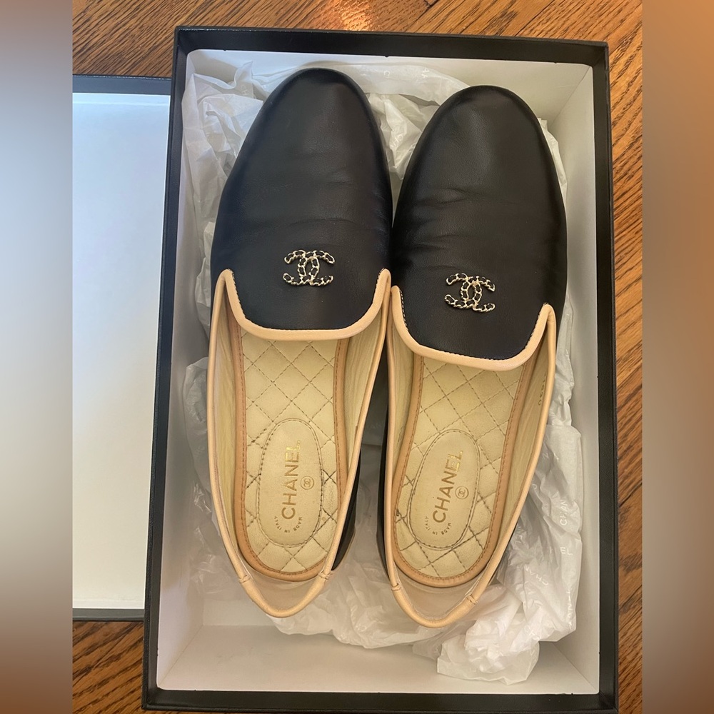 Chanel Lambskin Loafers Black and Tan with CC logo on top of shoes